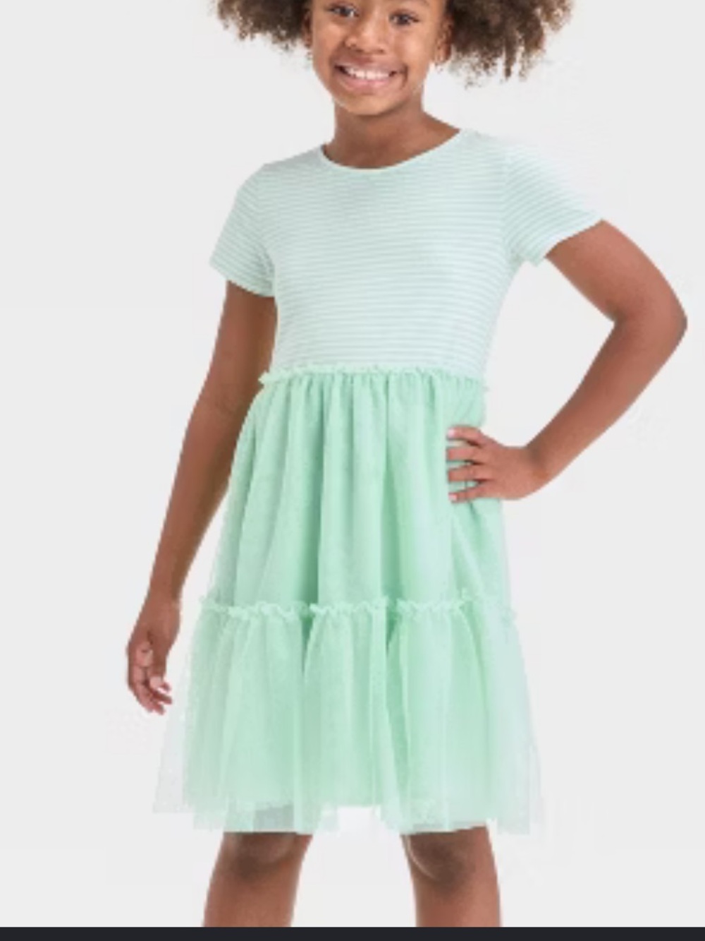 Cat & Jack Mint Striped Tee Dress with Tiered Tulle Skirt